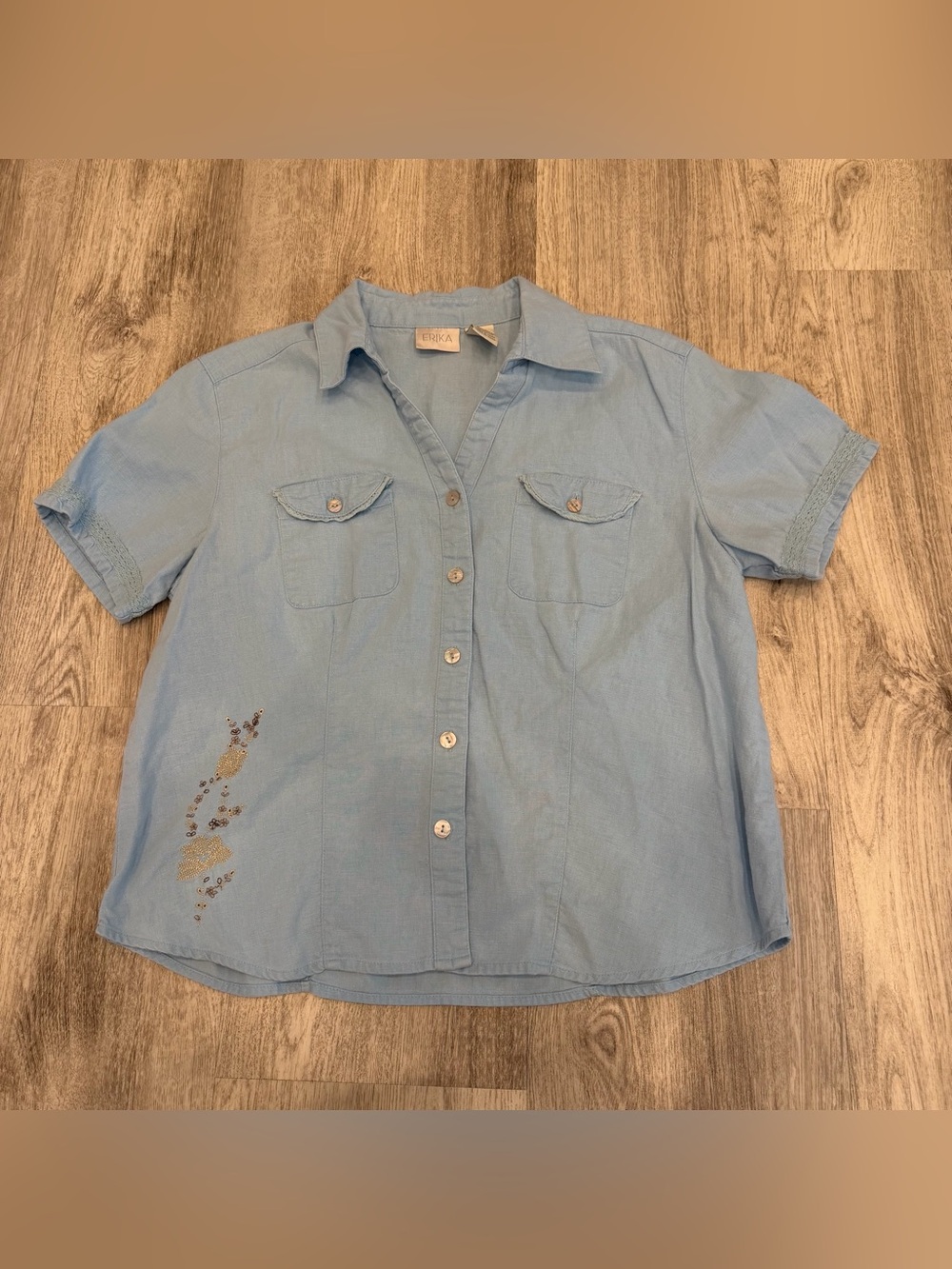 Erika‎ Linen Blend Embroidered Button Up Shirt Size Medium Light Blue